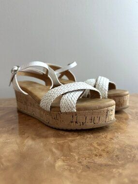 NEW Patrizia by Spring Step Litzy White Woven Platform Sandals Cork Wedge Size 8